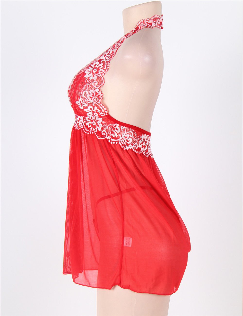 Red Double - Colour Lace - Trim Halter Mesh Babydoll & Thong Set - TeaseFashion