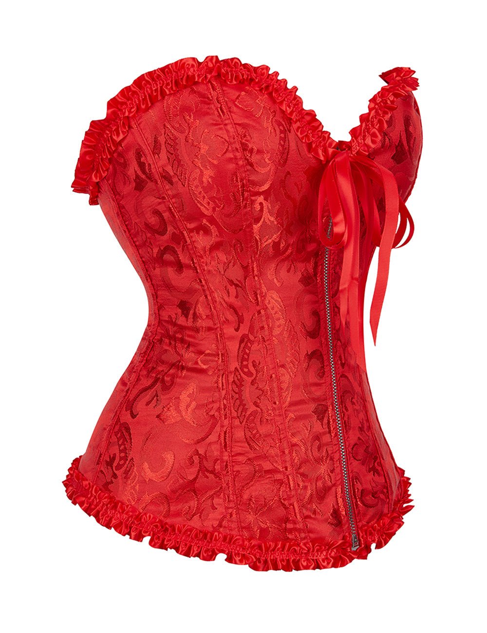 Red Embroidered Corset with Zipper & Adjustable Lacing - TeaseFashion