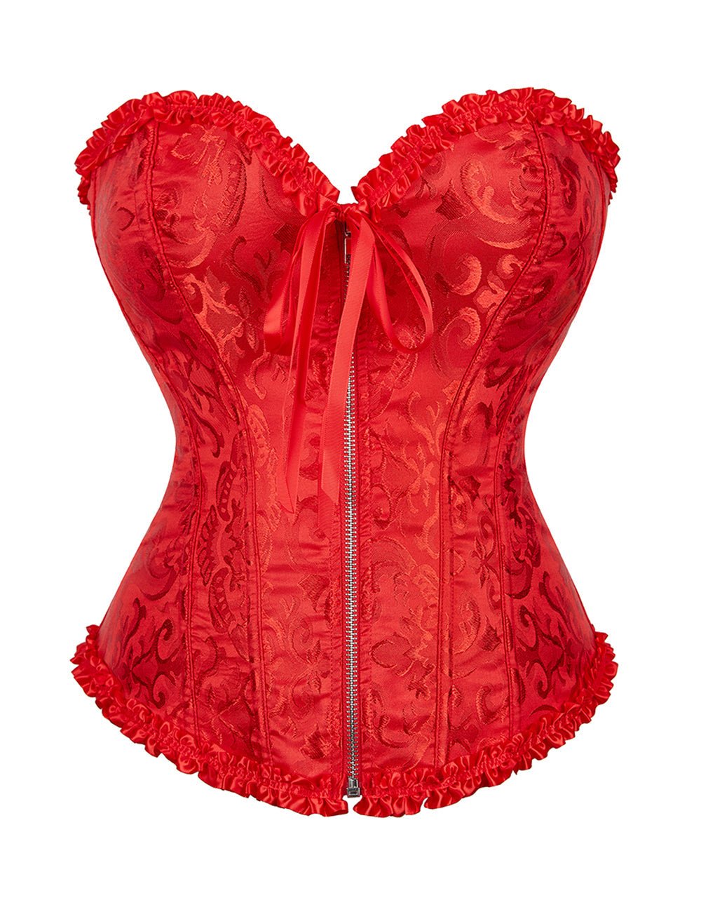 Red Embroidered Corset with Zipper & Adjustable Lacing - TeaseFashion