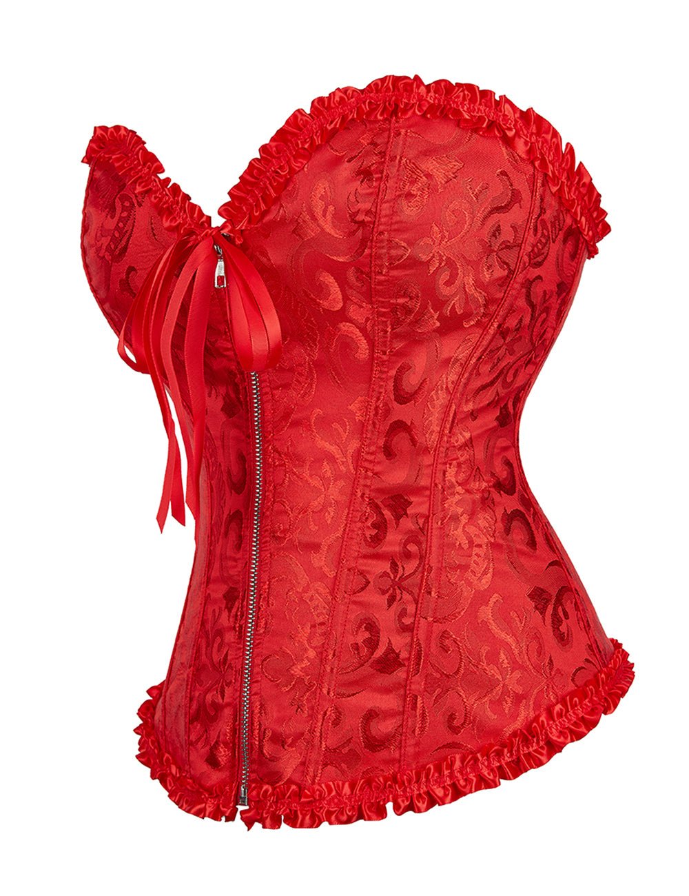 Red Embroidered Corset with Zipper & Adjustable Lacing - TeaseFashion