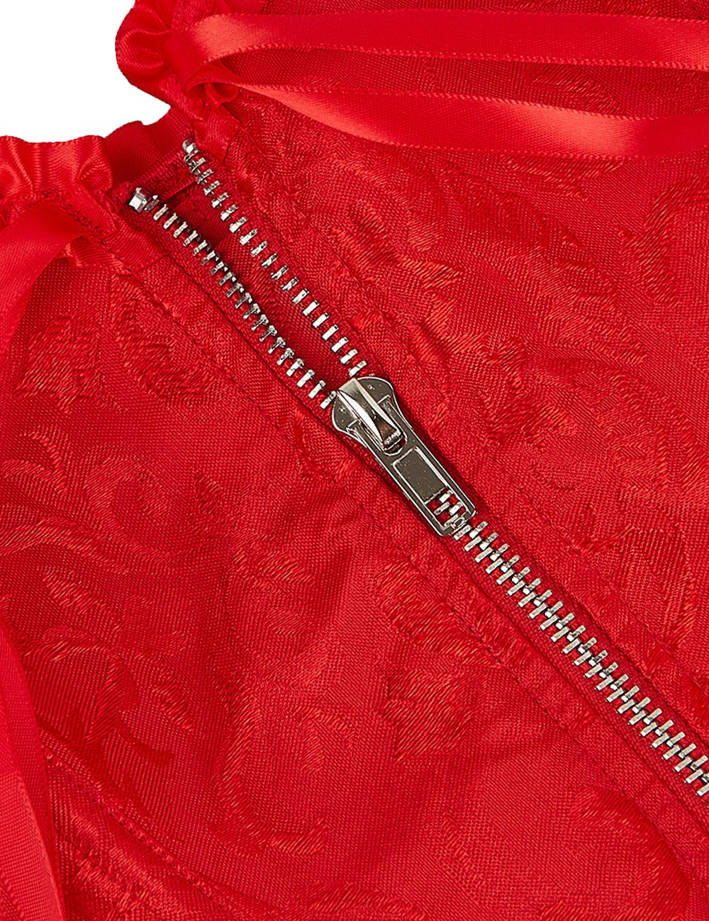 Red Embroidered Corset with Zipper & Adjustable Lacing - TeaseFashion