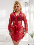 Red Eyelash Lace Babydoll – Wide Sleeves, Button Placket, Satin Waistband & Thong Set - TeaseFashion