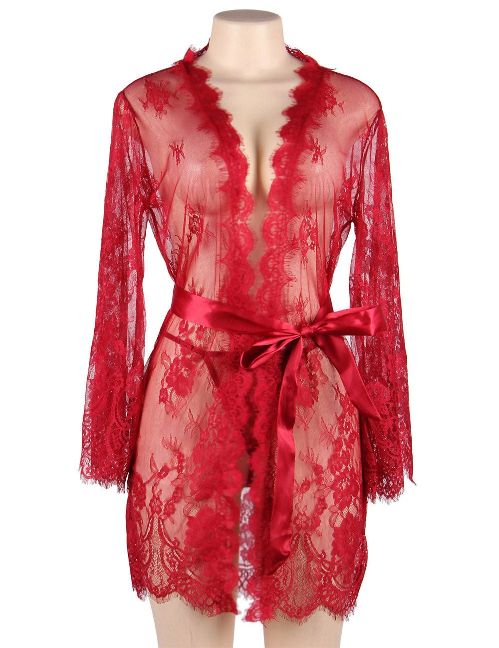Red Eyelash Lace Babydoll – Wide Sleeves, Button Placket, Satin Waistband & Thong Set - TeaseFashion