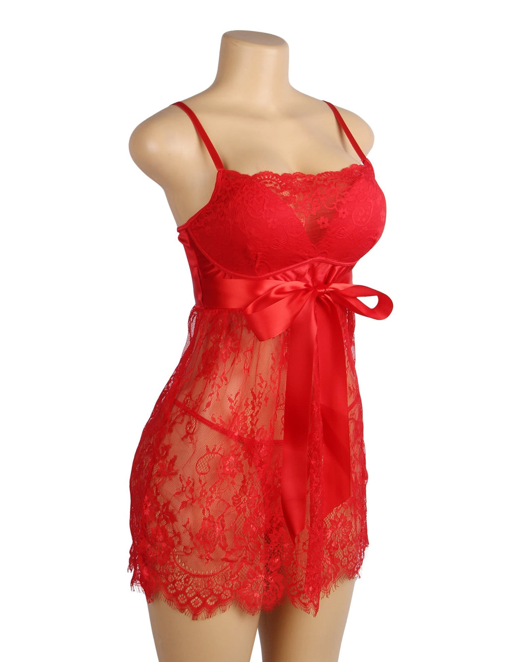 Red Eyelash Lace Babydoll with Padded Cups, Wave Hem, Underbust Ribbon Bow & T - Back Set - TeaseFashion