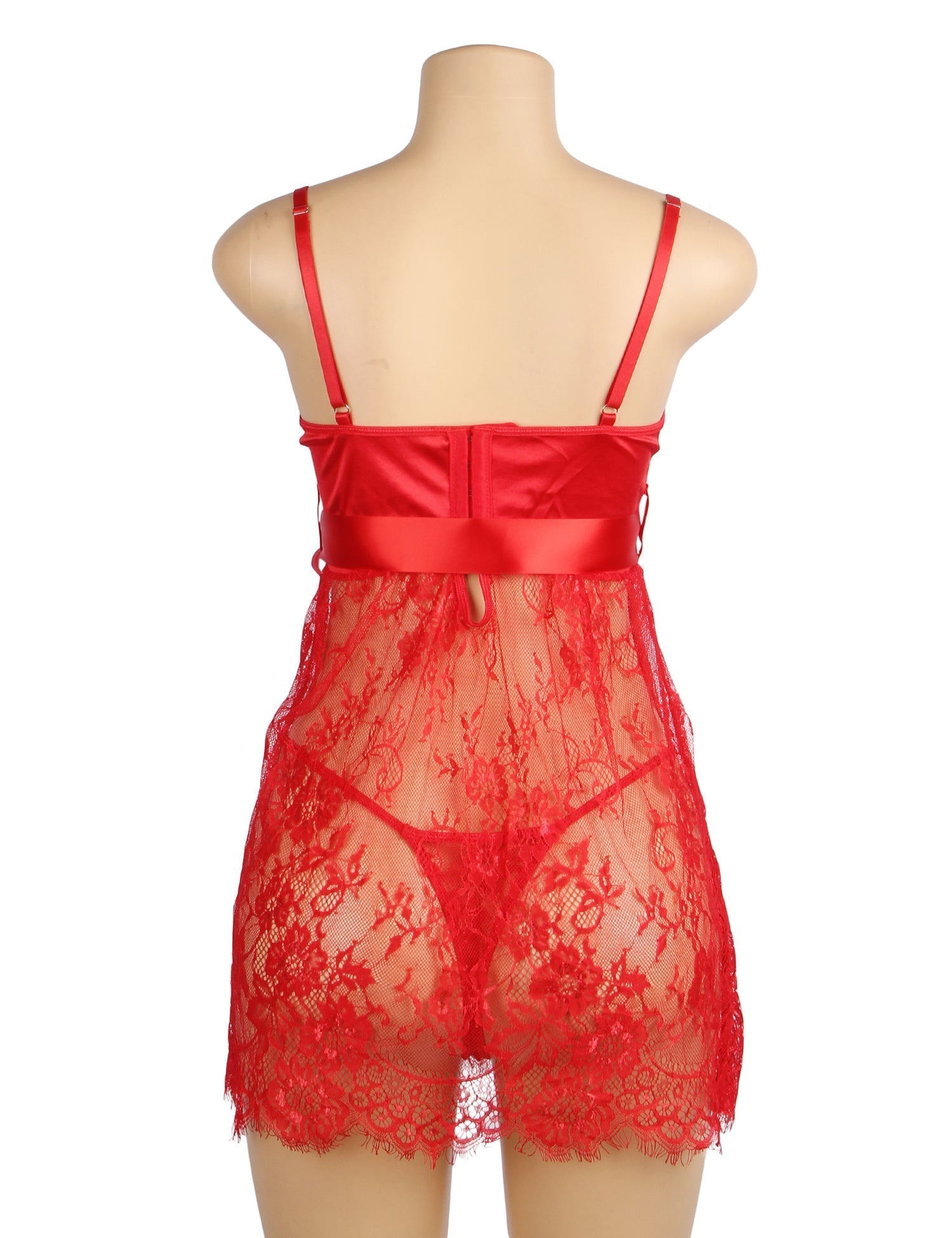Red Eyelash Lace Babydoll with Padded Cups, Wave Hem, Underbust Ribbon Bow & T - Back Set - TeaseFashion