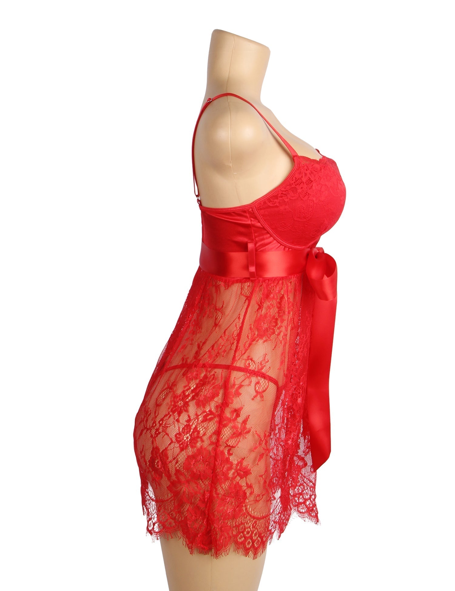 Red Eyelash Lace Babydoll with Padded Cups, Wave Hem, Underbust Ribbon Bow & T - Back Set - TeaseFashion