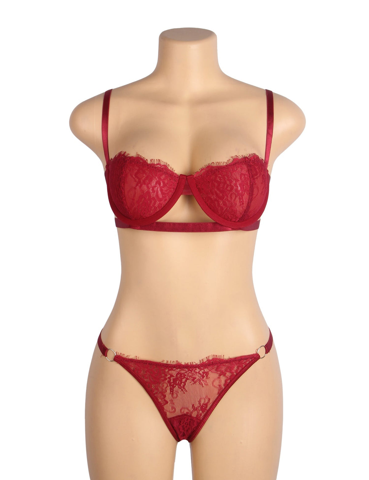 Red Eyelash Lace Bra Set with Underwire, Elastic Underbust Band & Adjustable Back Closure - TeaseFashion