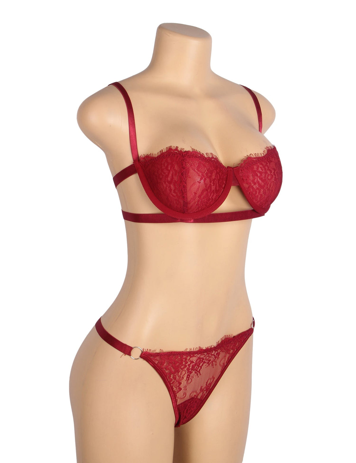 Red Eyelash Lace Bra Set with Underwire, Elastic Underbust Band & Adjustable Back Closure - TeaseFashion