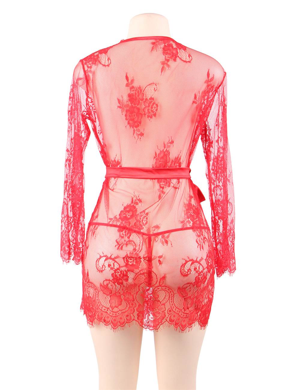 Red Eyelash Lace Cardigan Gown – Raw Lace Trim, Removable Satin Waistband & Short Robe - TeaseFashion
