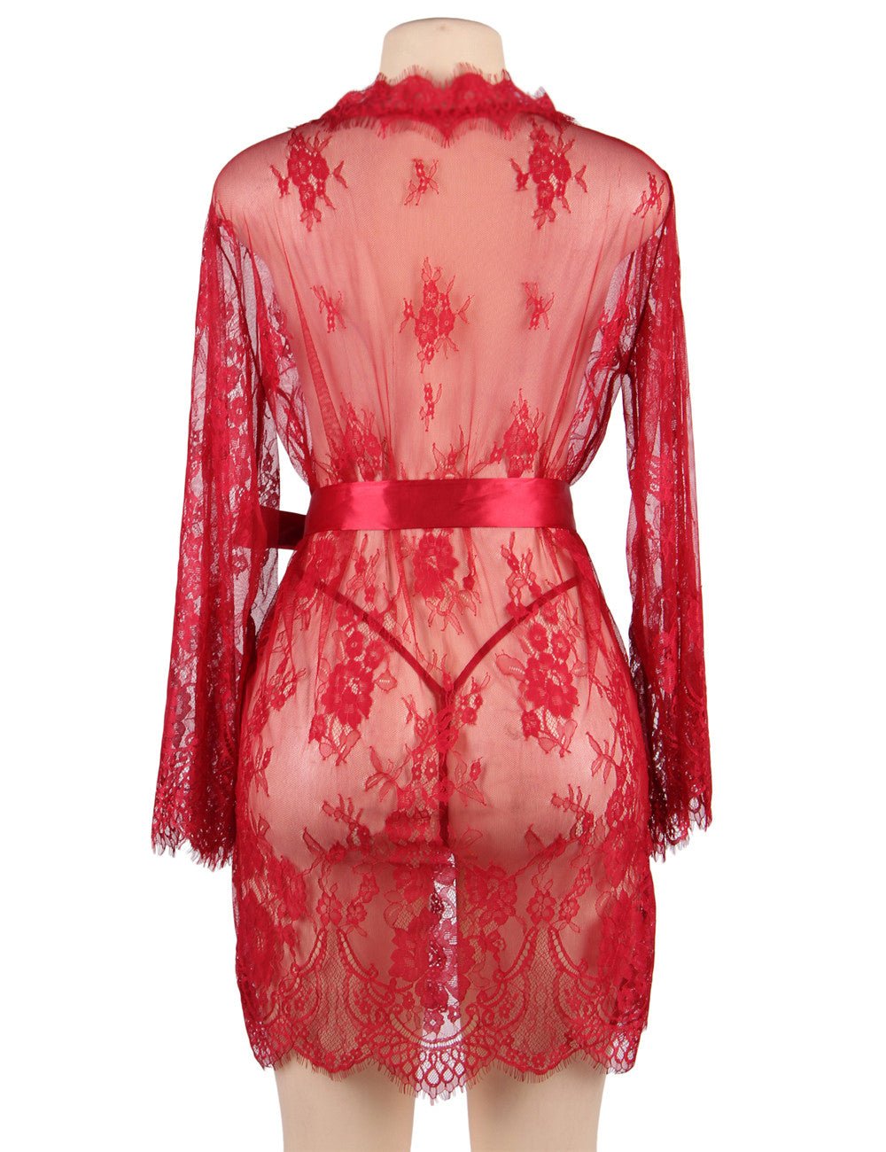 Red Eyelash Lace Chemise – Wavy Lace Button Placket, Wide Sleeves, Faux Silk Waistband & Thong - TeaseFashion