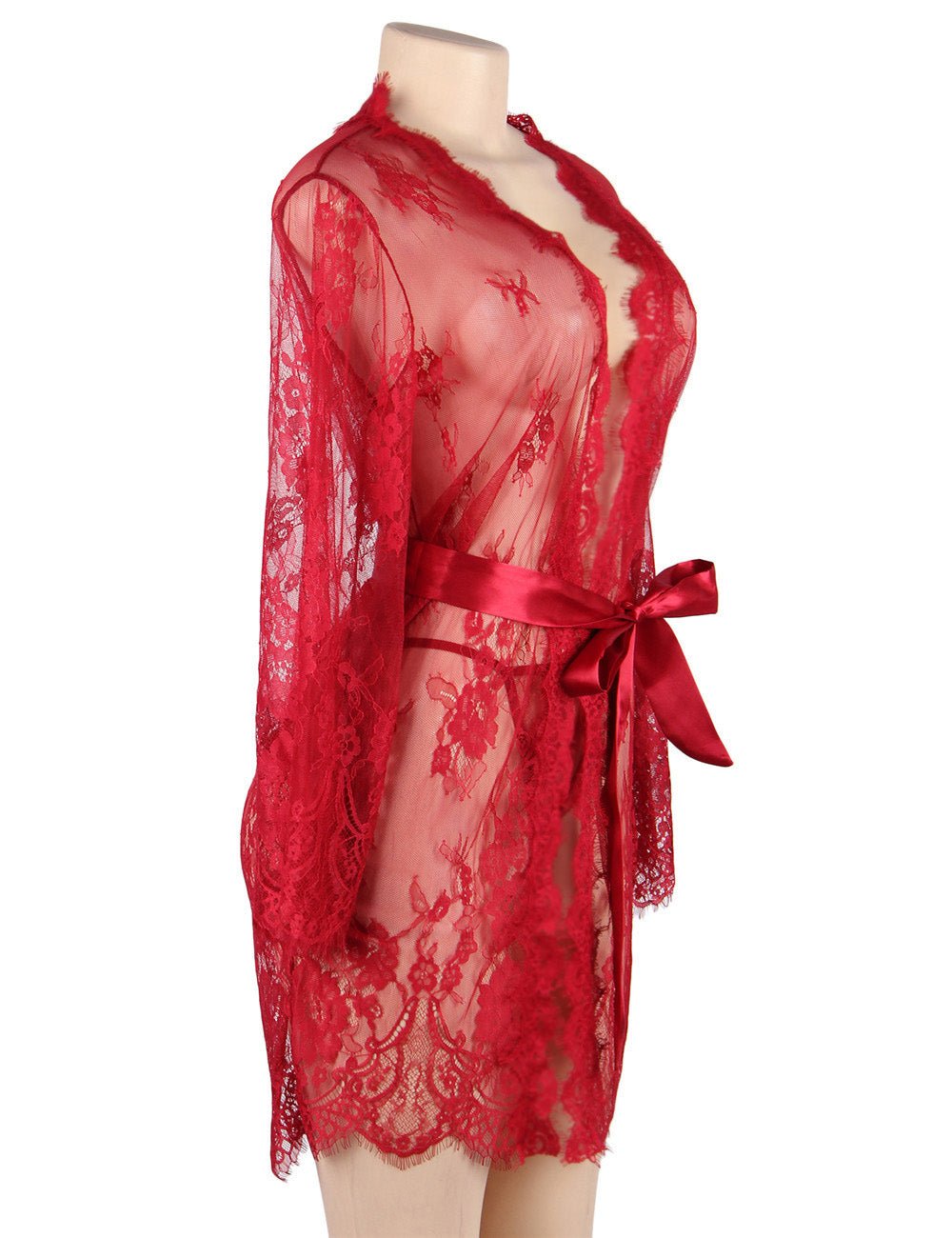 Red Eyelash Lace Chemise – Wavy Lace Button Placket, Wide Sleeves, Faux Silk Waistband & Thong - TeaseFashion
