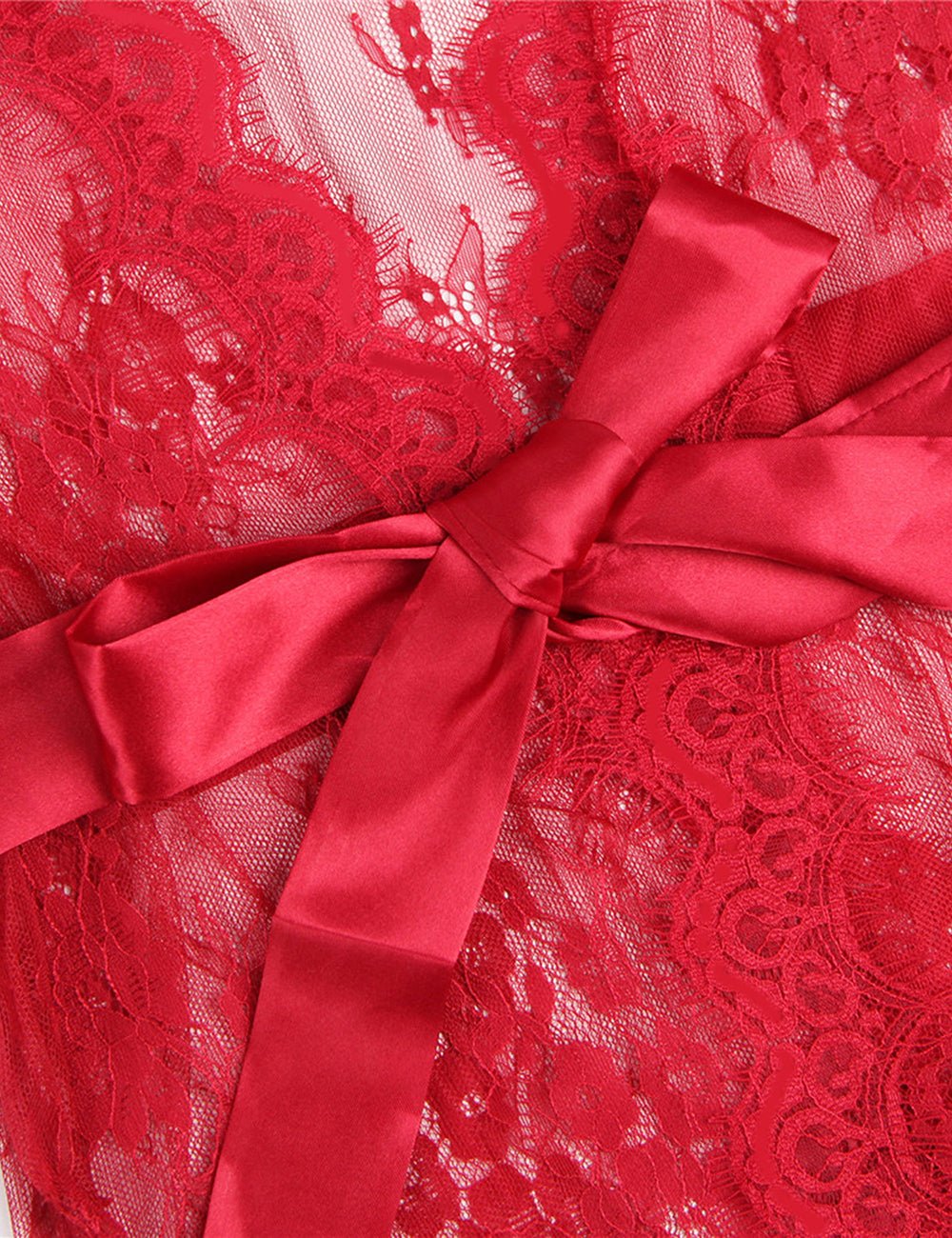 Red Eyelash Lace Chemise – Wavy Lace Button Placket, Wide Sleeves, Faux Silk Waistband & Thong - TeaseFashion