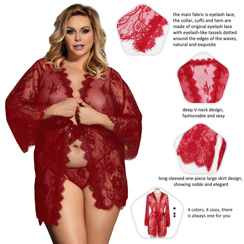 Red Eyelash Lace Chemise – Wavy Lace Button Placket, Wide Sleeves, Faux Silk Waistband & Thong - TeaseFashion