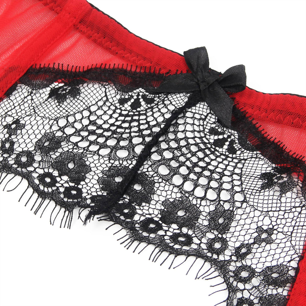 Red Eyelash Lace Garter Belt Set with Soft Boning, Bow & Hook - and - Eye Closure - TeaseFashion