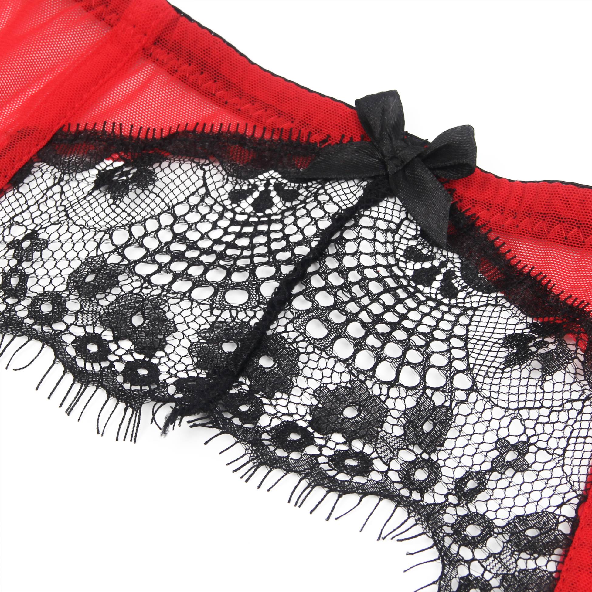 Red Eyelash Lace Garter Belt Set with Soft Boning, Bow & Hook - and - Eye Closure - TeaseFashion