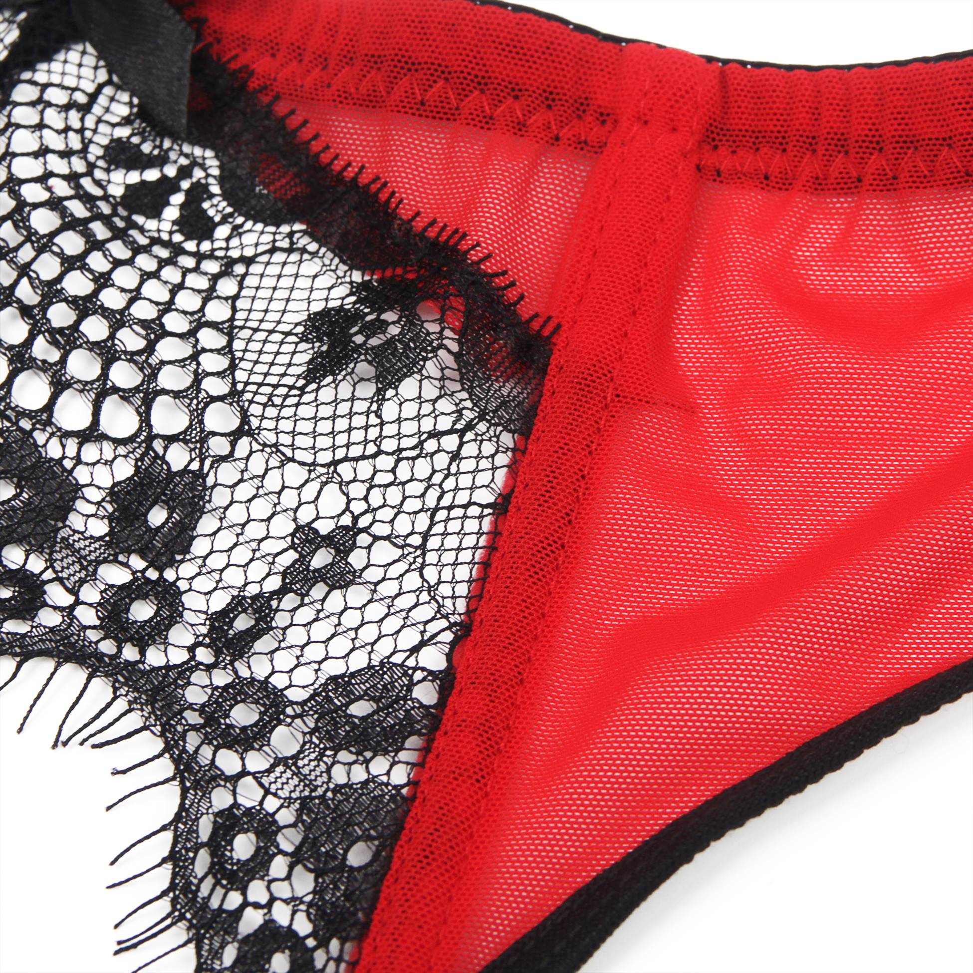 Red Eyelash Lace Garter Belt Set with Soft Boning, Bow & Hook - and - Eye Closure - TeaseFashion