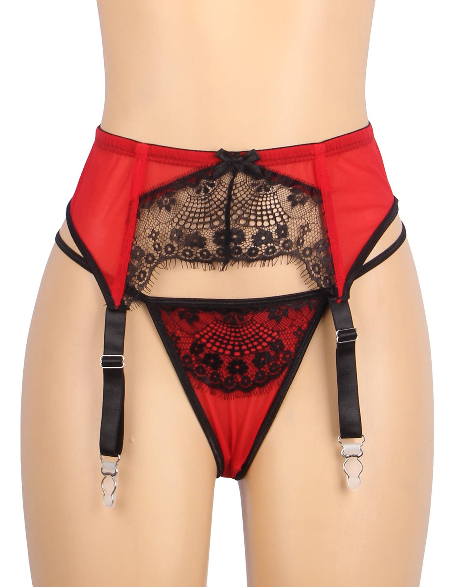 Red Eyelash Lace Garter Belt Set with Soft Boning, Bow & Hook - and - Eye Closure - TeaseFashion