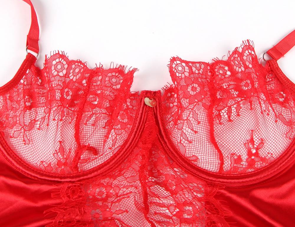 Red Eyelash Lace Garter Lingerie Set – Underwire Cups, Soft Boning Waist, Garter Straps & Thigh - High Stockings Included - TeaseFashion