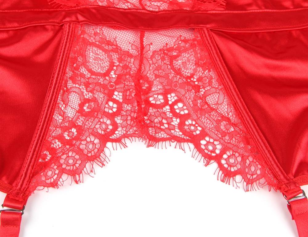 Red Eyelash Lace Garter Lingerie Set – Underwire Cups, Soft Boning Waist, Garter Straps & Thigh - High Stockings Included - TeaseFashion