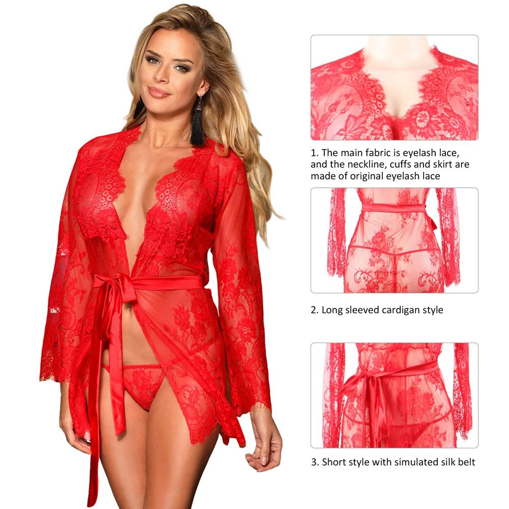 Red Eyelash Lace Long Sleeve Cardigan Robe – Raw Lace Trim, Silk - Like Waistband & Matching Thong - TeaseFashion