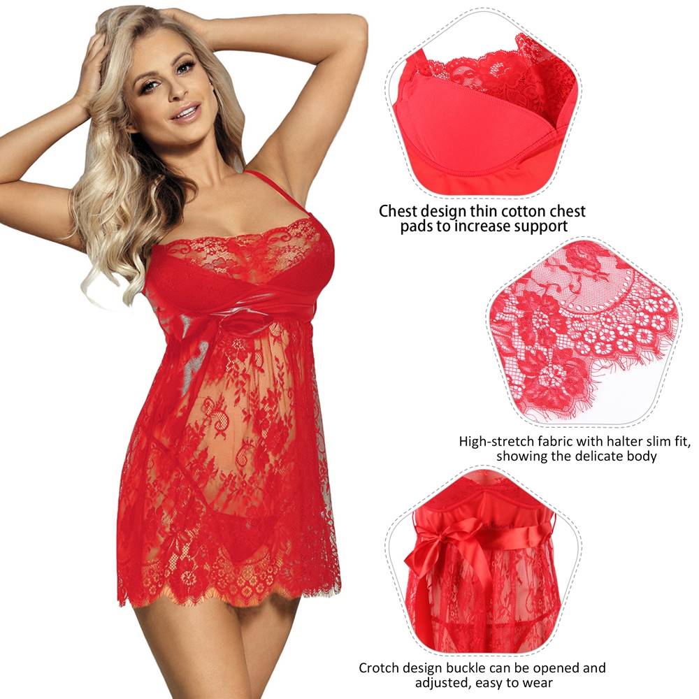 Red Eyelash Lace Padded Babydoll with Bow - Detail Waist Belt & G - String Set - TeaseFashion
