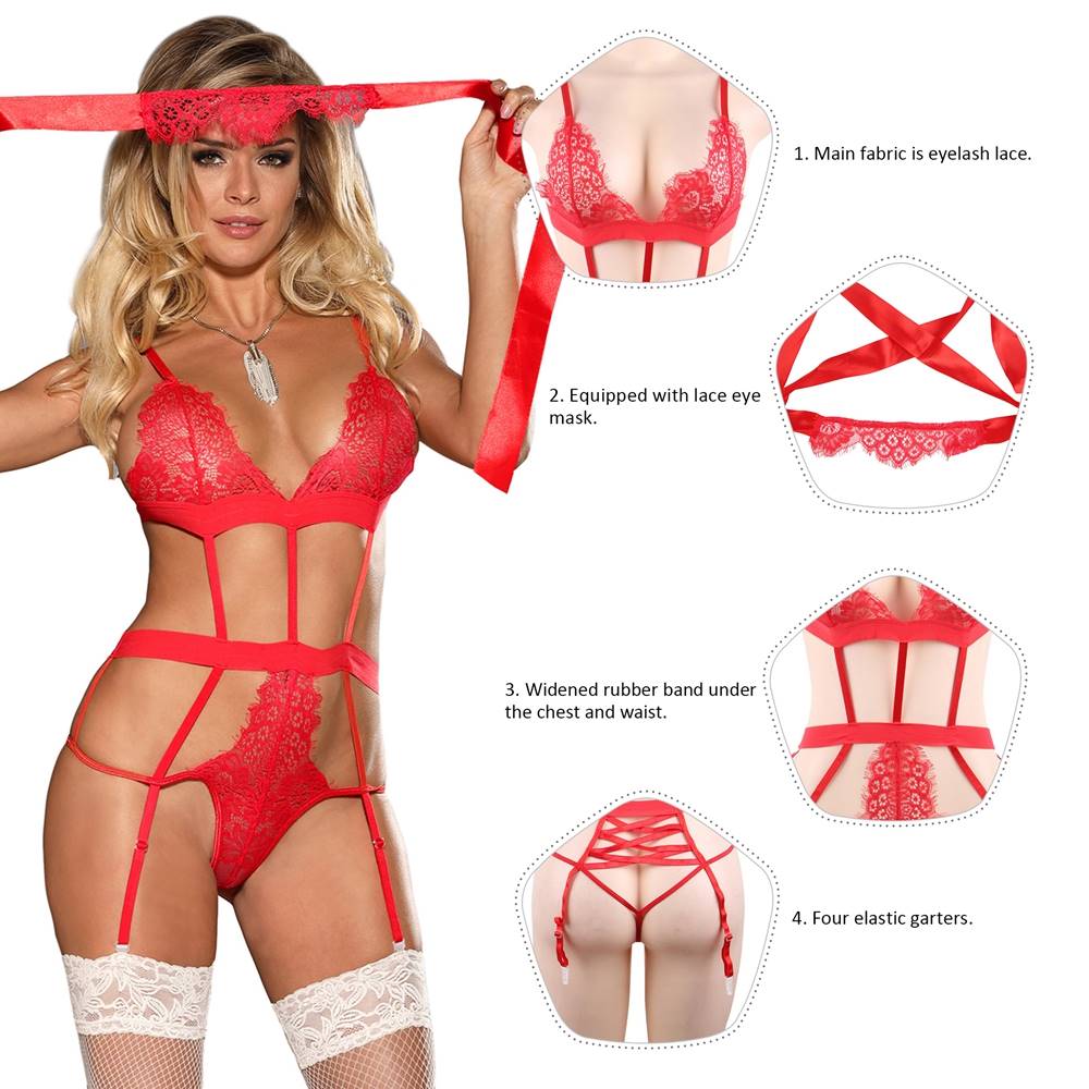 Red Eyelash Lace Teddy with Garter Straps & Eye Mask - TeaseFashion