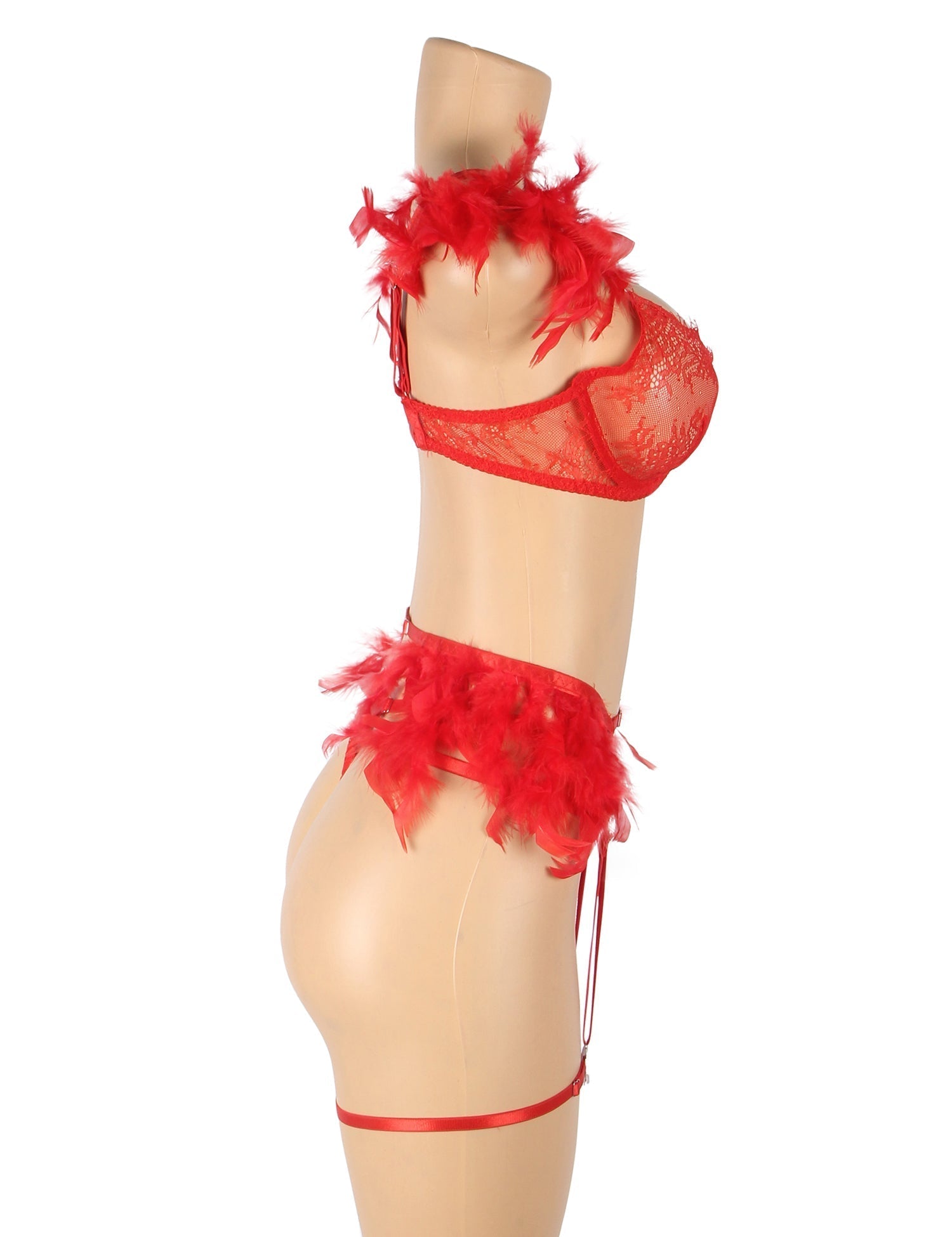 Red Feather, Lace & Chain Bra Garter Set – Eyelash Lace & Underwire - TeaseFashion