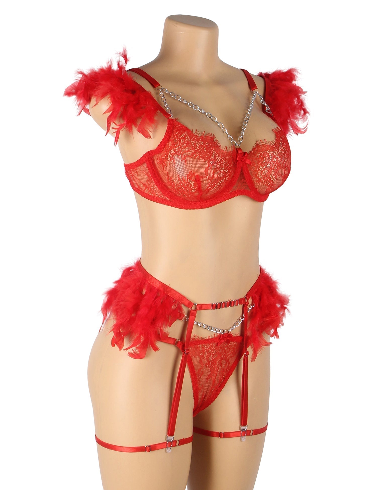 Red Feather, Lace & Chain Bra Garter Set – Eyelash Lace & Underwire - TeaseFashion