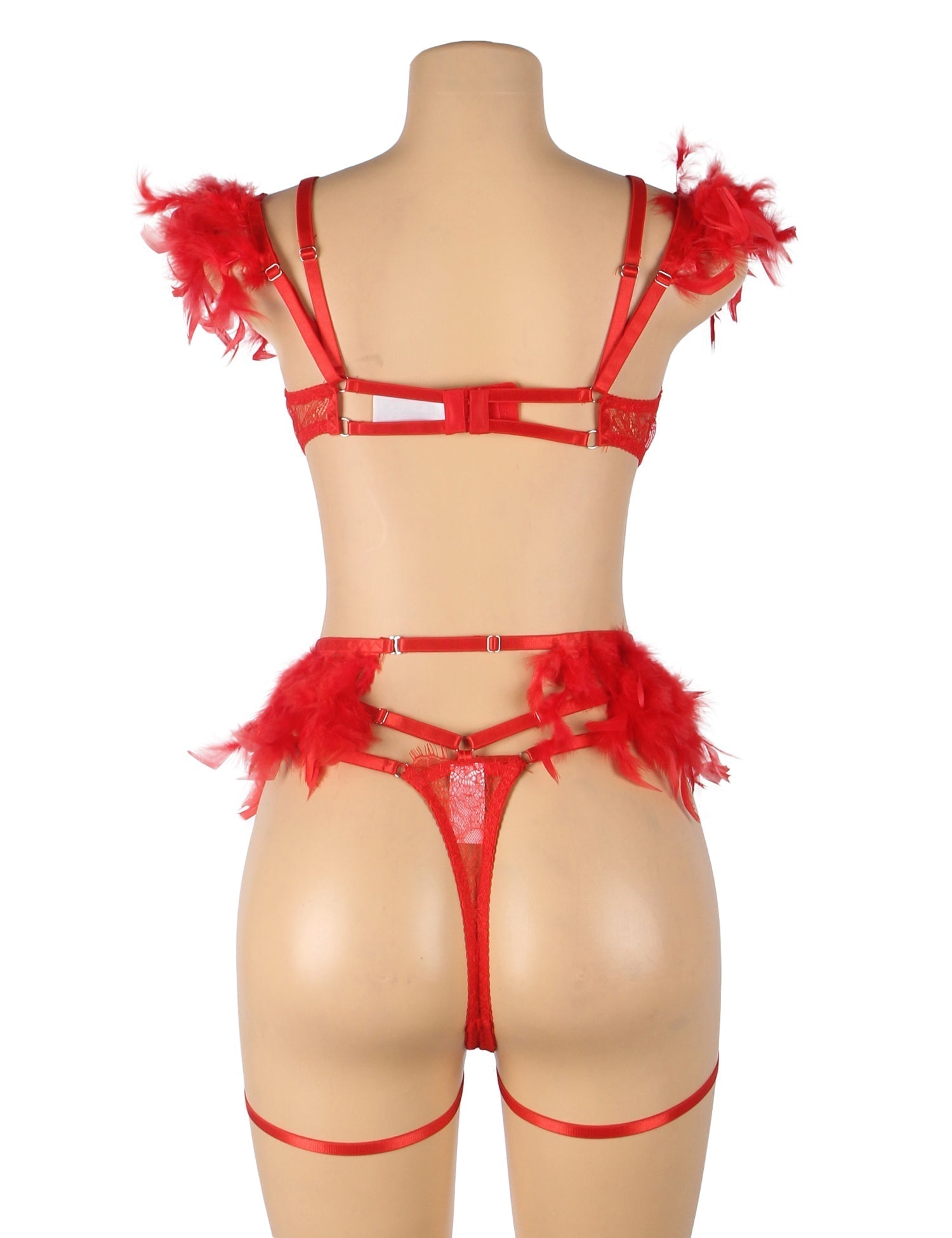 Red Feather, Lace & Chain Bra Garter Set – Eyelash Lace & Underwire - TeaseFashion