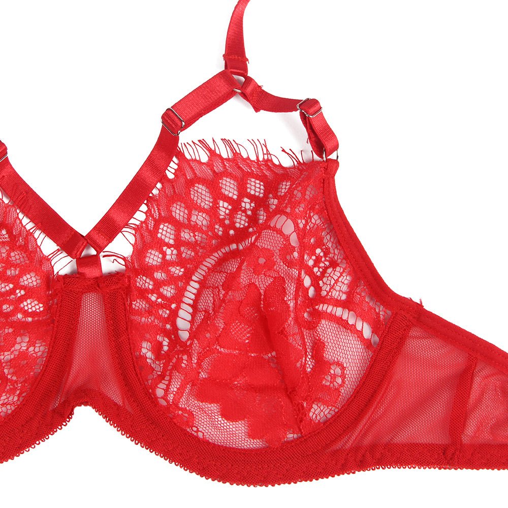 Red Feather & Lace Garter Lingerie Set – Eyelash Lace & Underwire - TeaseFashion