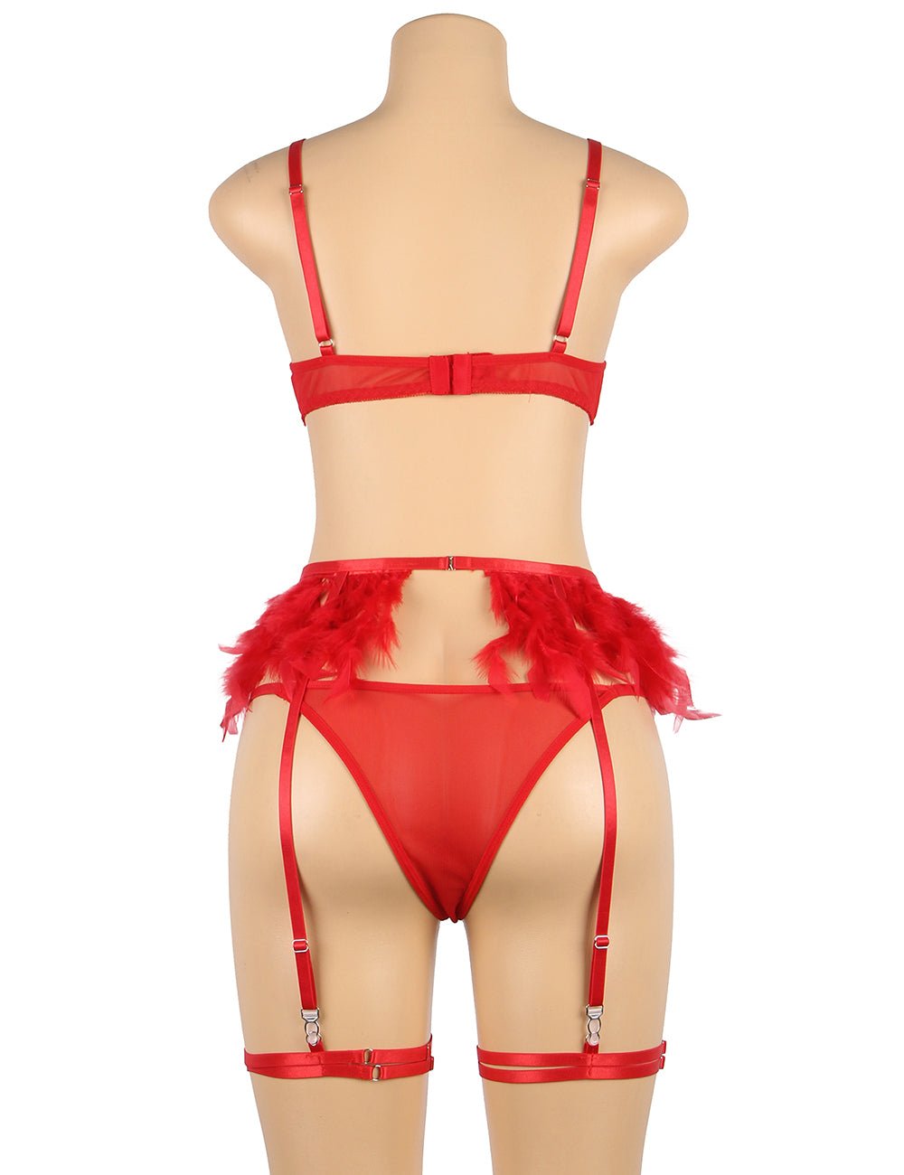Red Feather & Lace Garter Lingerie Set – Eyelash Lace & Underwire - TeaseFashion