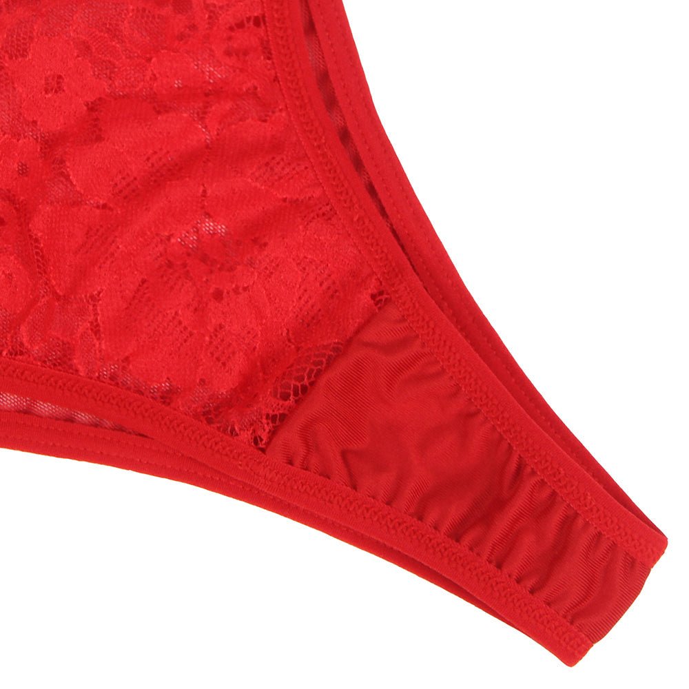 Red Feather & Lace Garter Lingerie Set – Eyelash Lace & Underwire - TeaseFashion