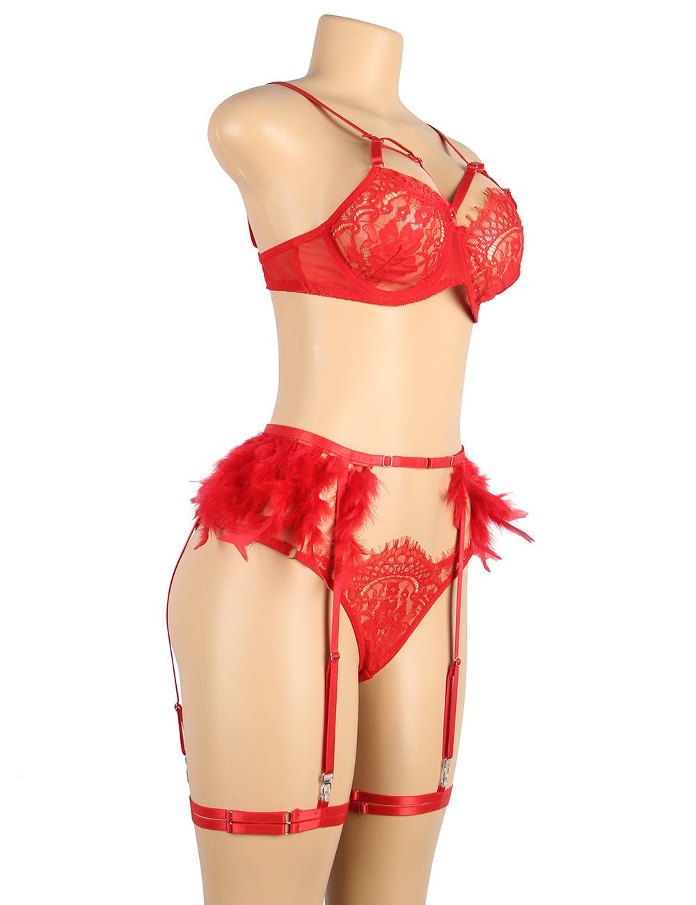 Red Feather & Lace Garter Lingerie Set – Eyelash Lace & Underwire - TeaseFashion