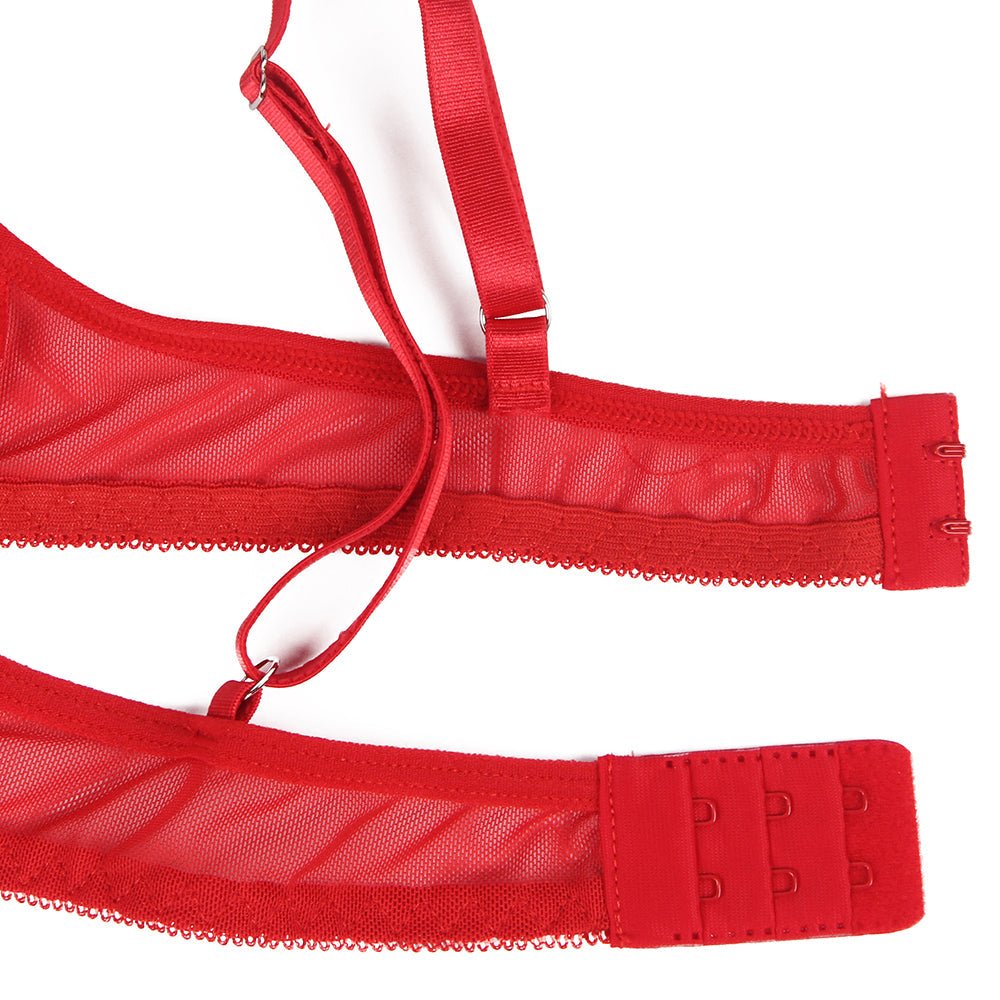 Red Feather & Lace Garter Lingerie Set – Eyelash Lace & Underwire - TeaseFashion