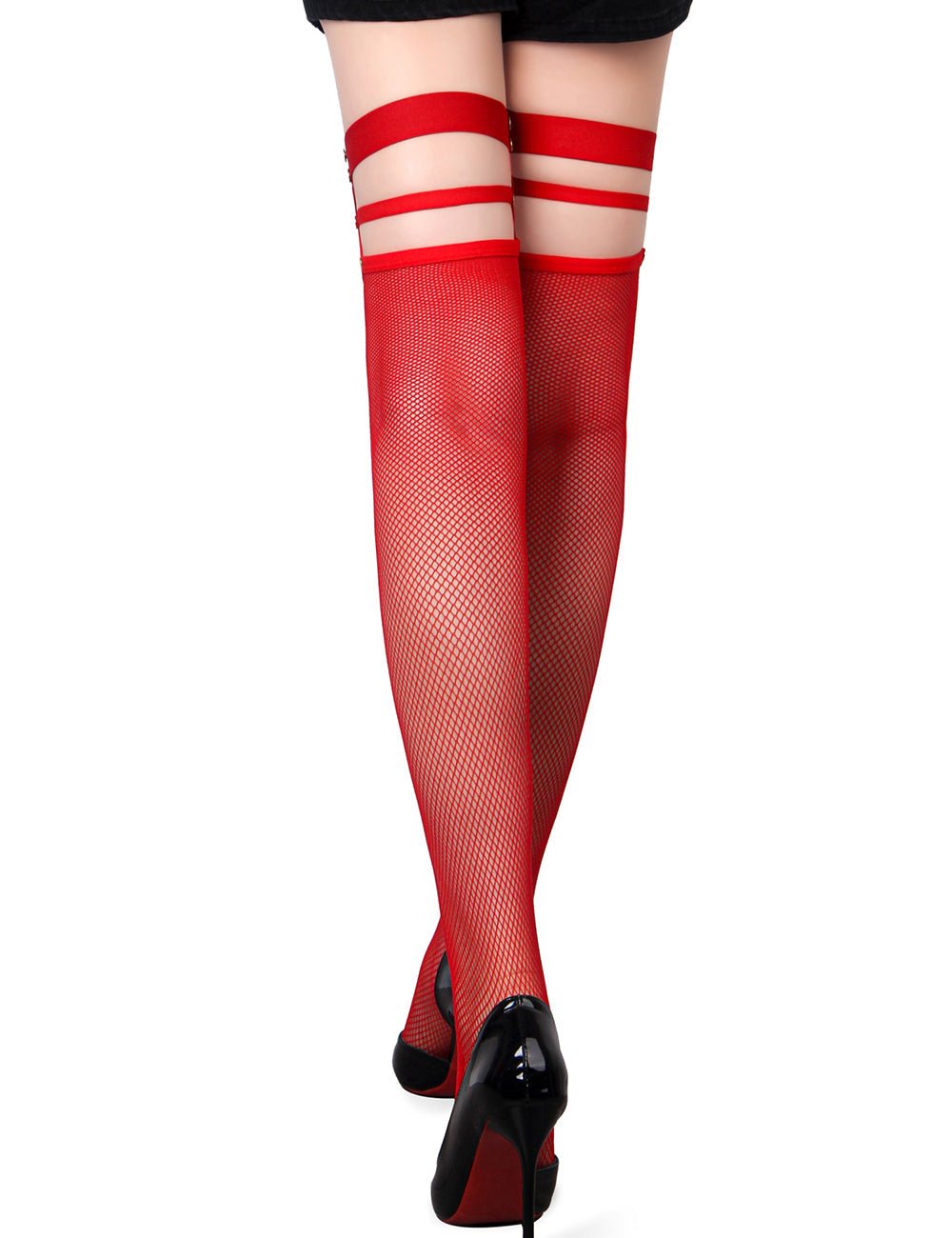 Red Fine - Mesh Fishnet Thigh - High Stockings with Studded Elastic Top Band - TeaseFashion