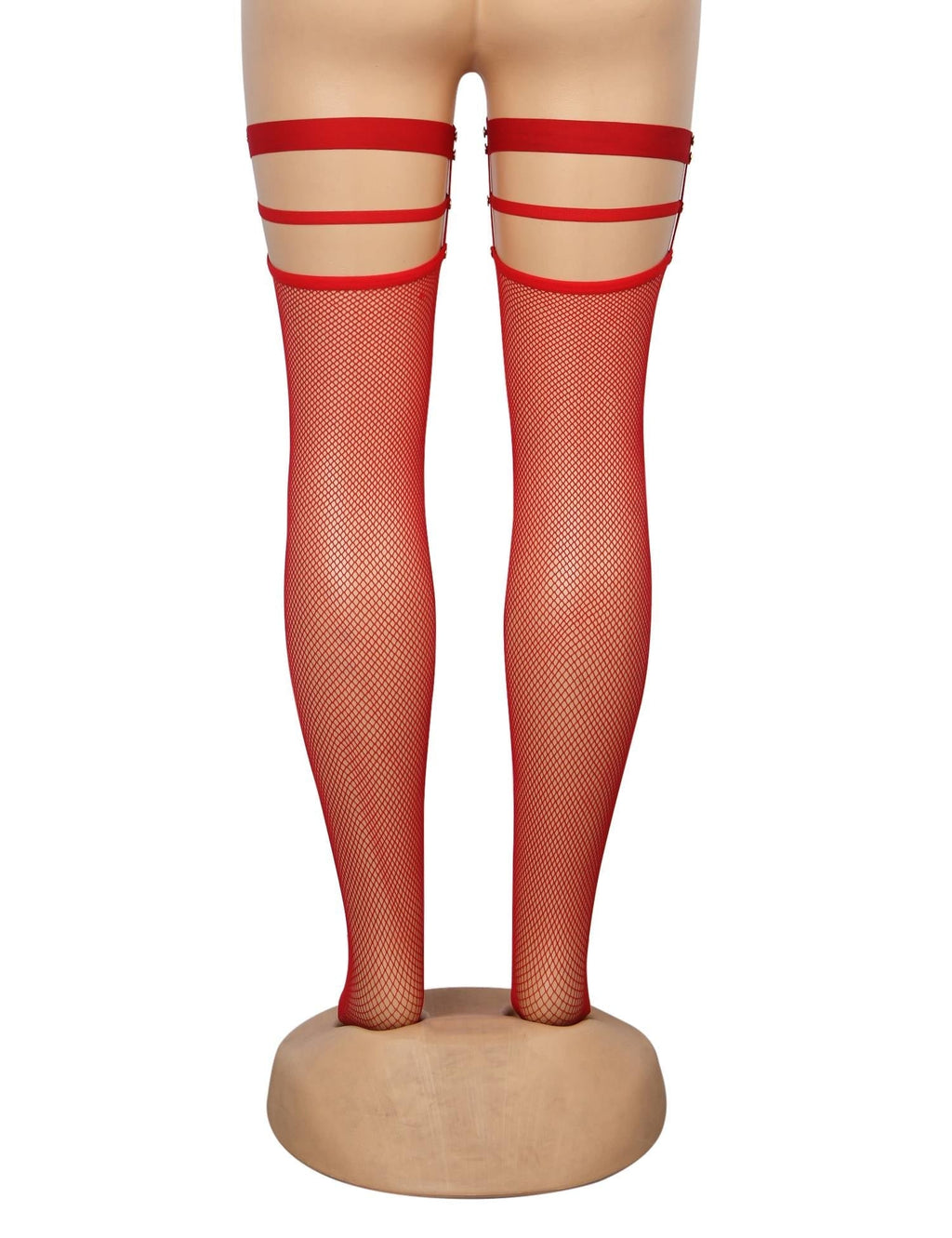 Red Fine - Mesh Fishnet Thigh - High Stockings with Studded Elastic Top Band - TeaseFashion