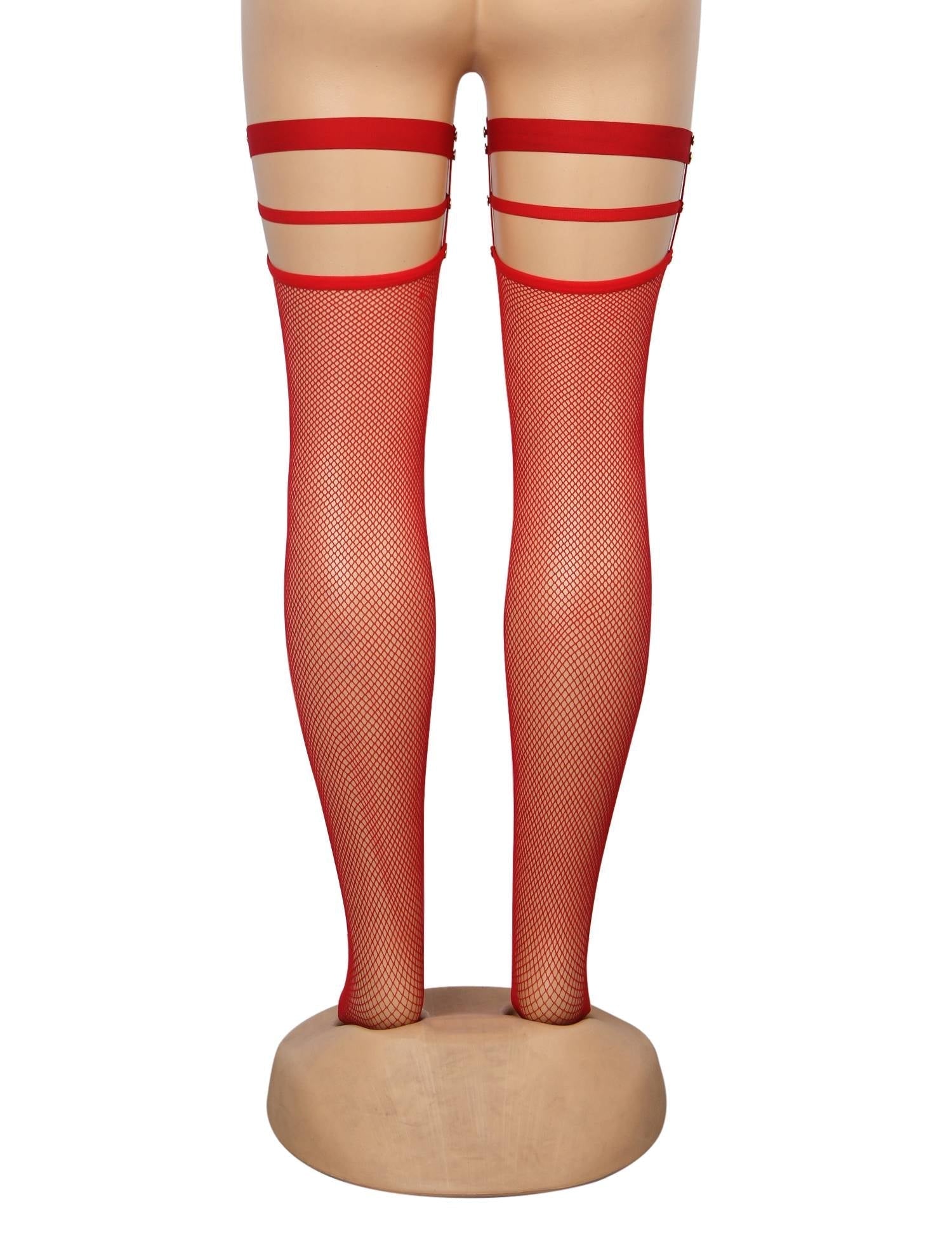 Red Fine - Mesh Fishnet Thigh - High Stockings with Studded Elastic Top Band - TeaseFashion