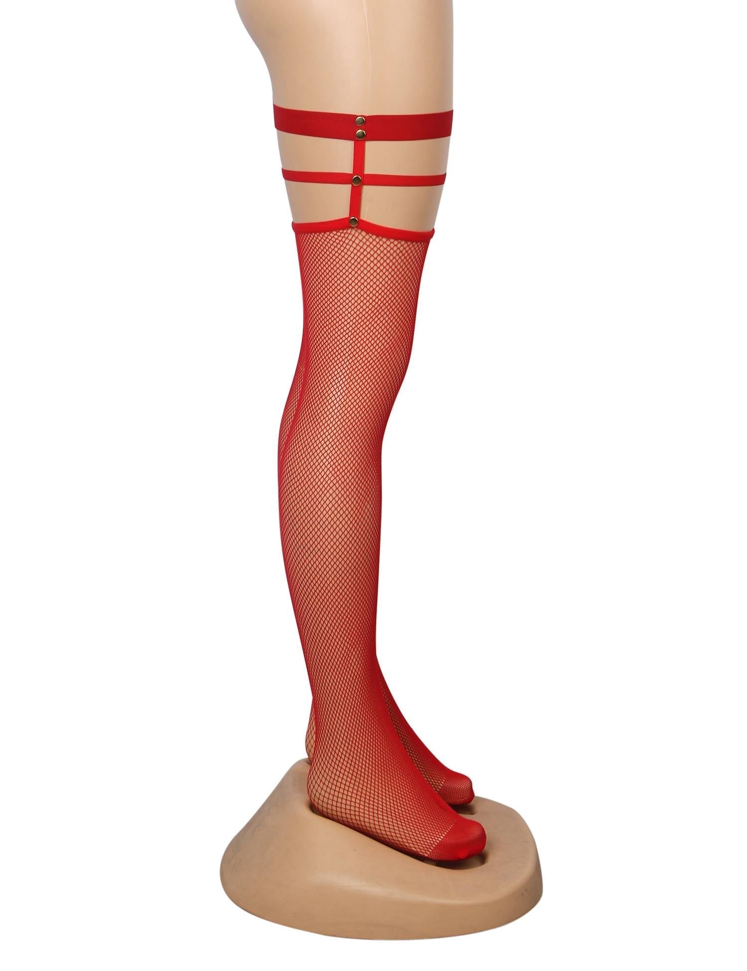 Red Fine - Mesh Fishnet Thigh - High Stockings with Studded Elastic Top Band - TeaseFashion