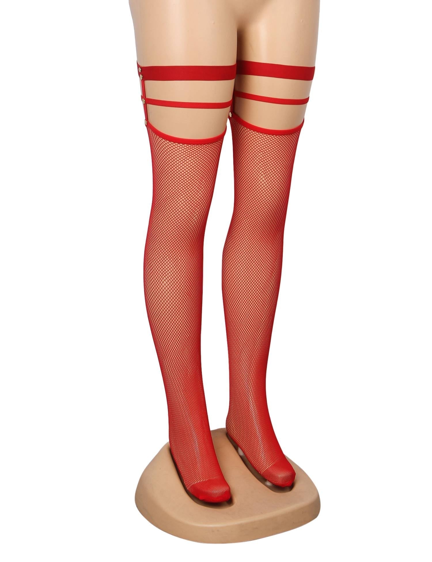 Red Fine - Mesh Fishnet Thigh - High Stockings with Studded Elastic Top Band - TeaseFashion