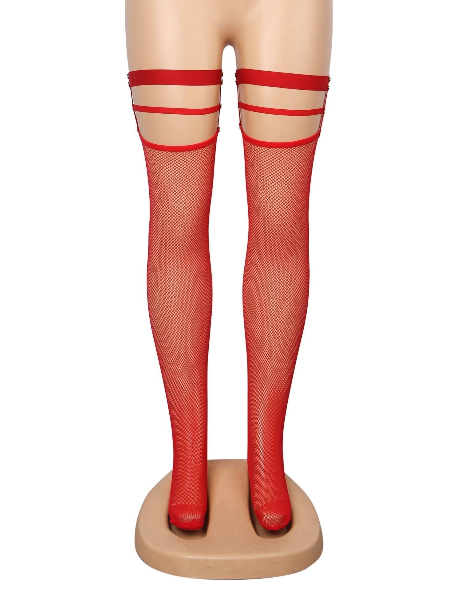 Red Fine - Mesh Fishnet Thigh - High Stockings with Studded Elastic Top Band - TeaseFashion