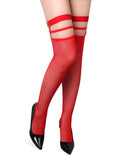 Red Fine - Mesh Fishnet Thigh - High Stockings with Studded Elastic Top Band - TeaseFashion