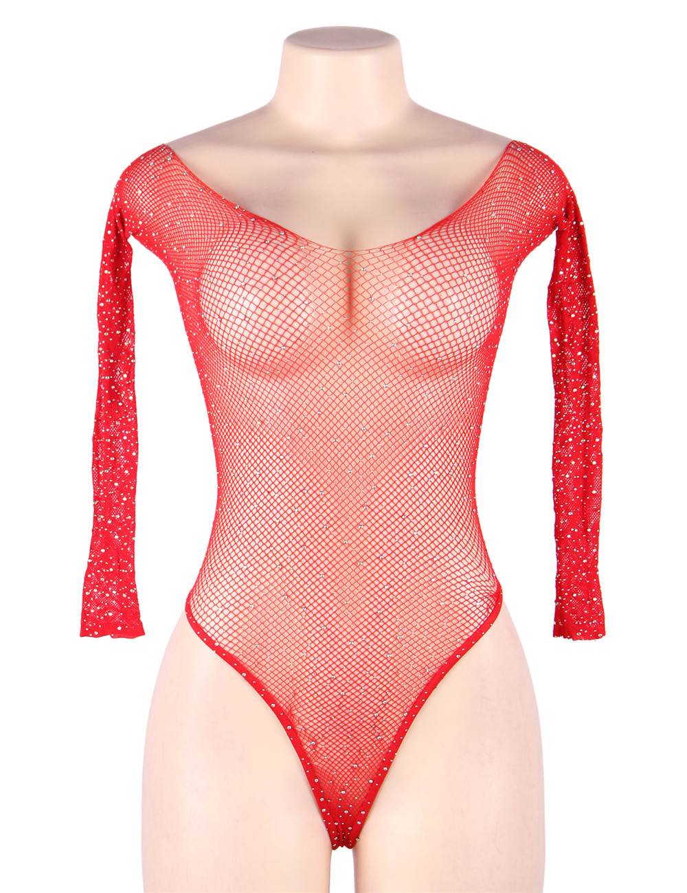 Red Fishnet Long - Sleeve Off - Shoulder Rhinestone Bodysuit - TeaseFashion