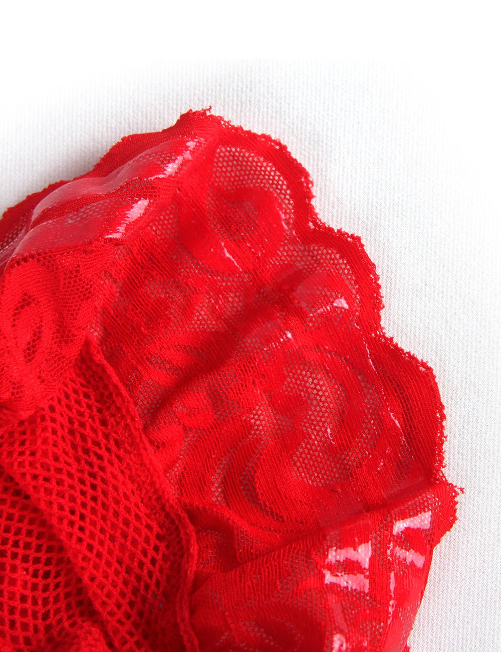 Red Fishnet Thigh - High Stockings with Lace Top & Silicone Stay - Up Grip - TeaseFashion