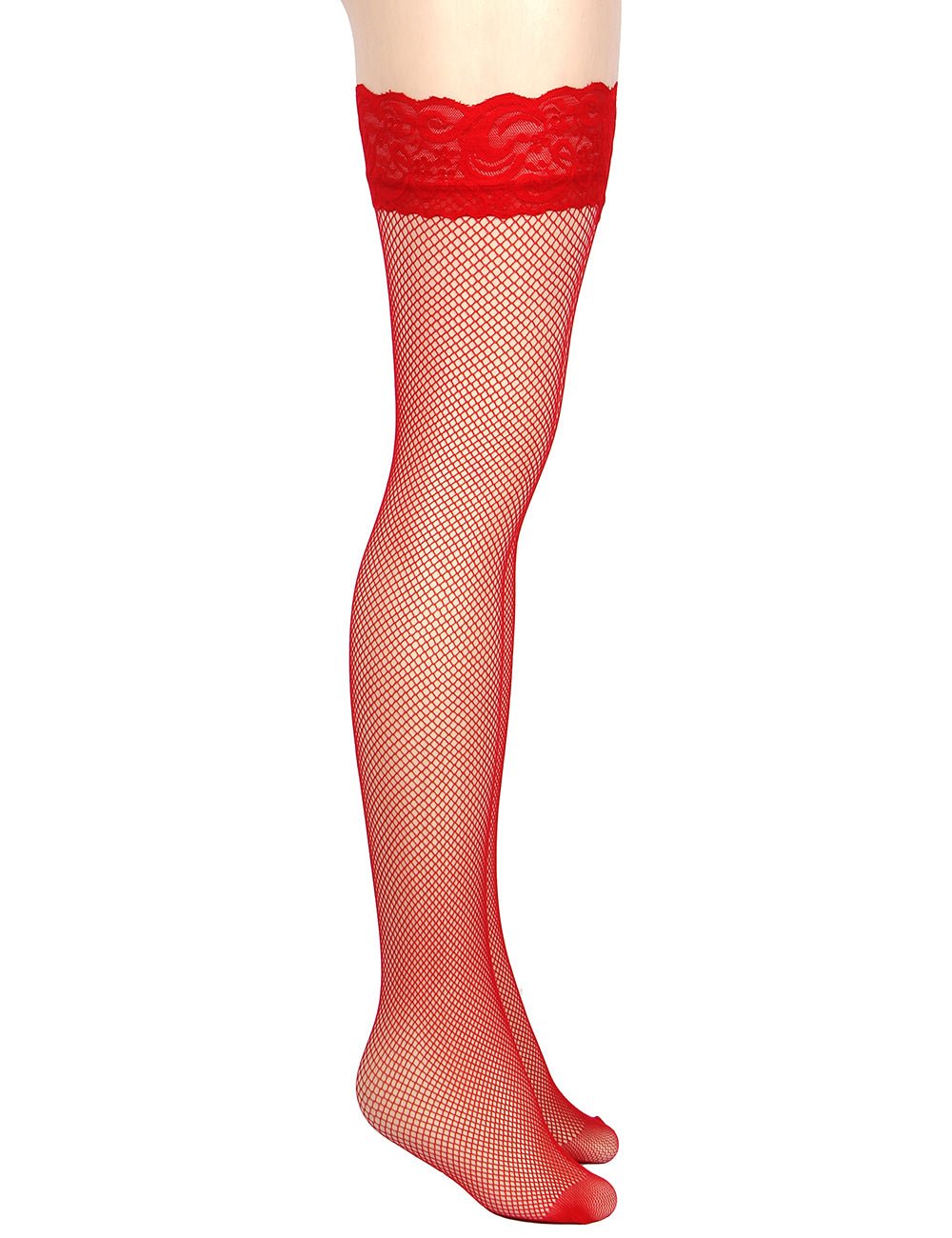 Red Fishnet Thigh - High Stockings with Lace Top & Silicone Stay - Up Grip - TeaseFashion
