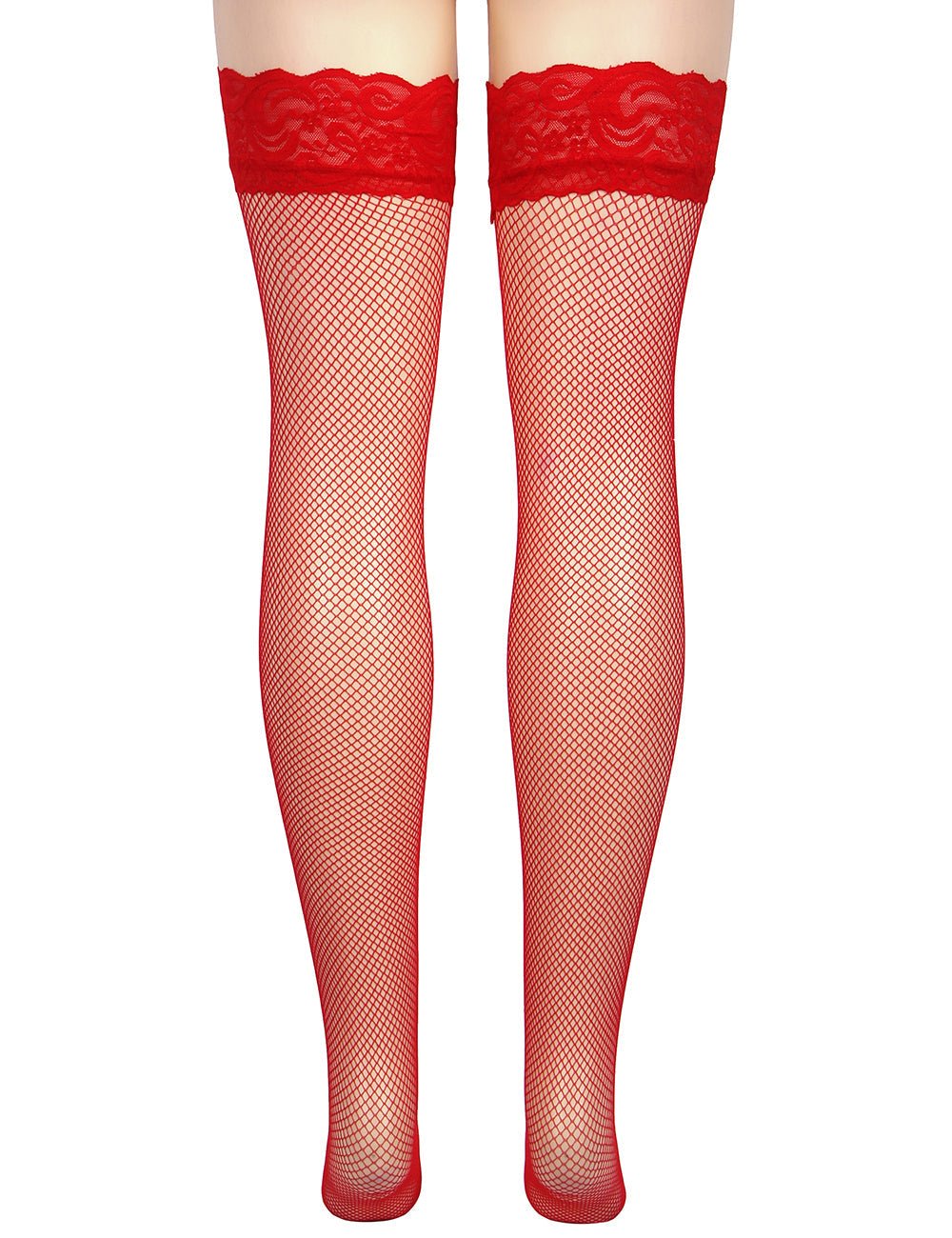 Red Fishnet Thigh - High Stockings with Lace Top & Silicone Stay - Up Grip - TeaseFashion