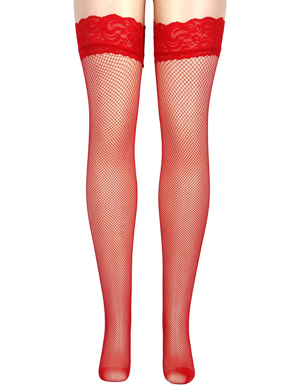 Red Fishnet Thigh - High Stockings with Lace Top & Silicone Stay - Up Grip - TeaseFashion