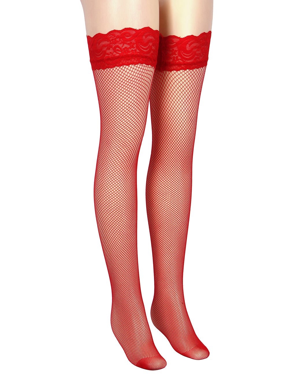 Red Fishnet Thigh - High Stockings with Lace Top & Silicone Stay - Up Grip - TeaseFashion