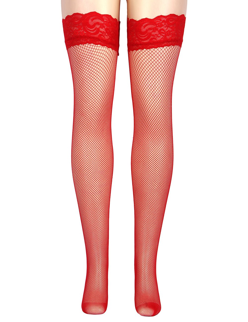 Red Fishnets Thigh High stockings Silicone Lace Top Stay Up Sheer Nylon Hosiery - TeaseFashion