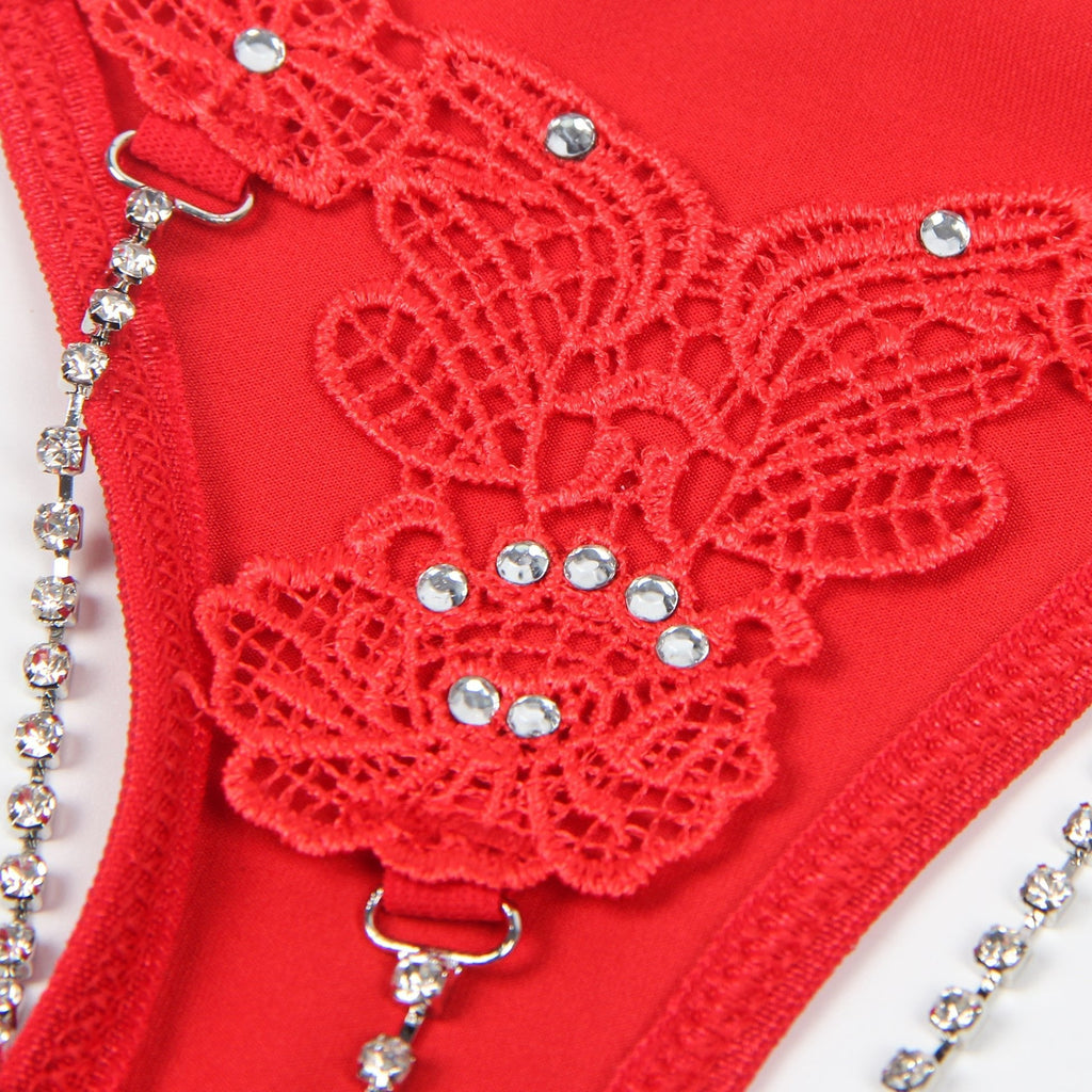 Red Floral Embroidered G - String with Rhinestone Chain - TeaseFashion