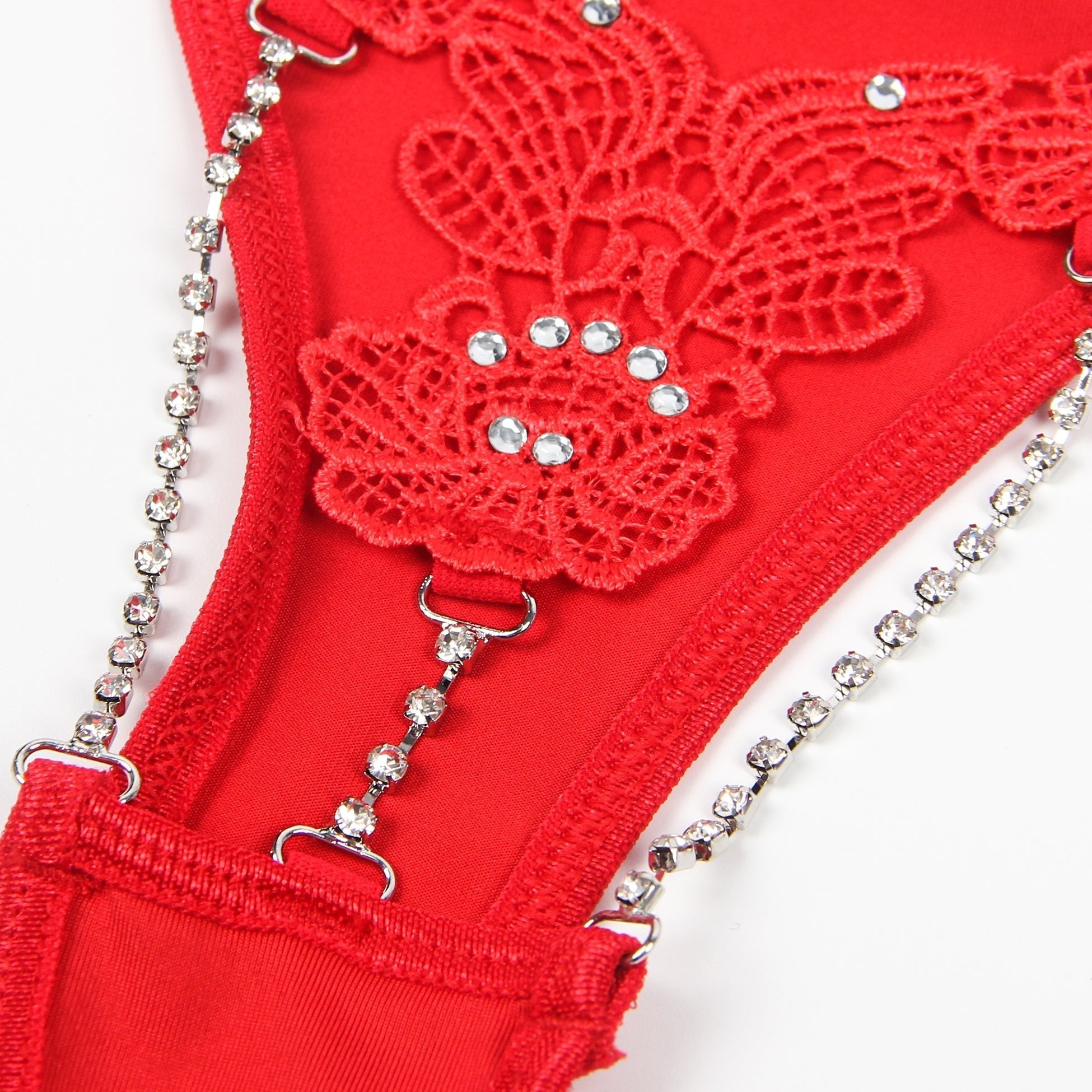 Red Floral Embroidered G - String with Rhinestone Chain - TeaseFashion